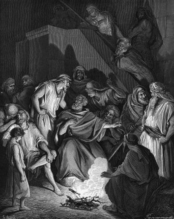 After Jesus was arrested, Peter denied knowing him three times, as shown in this engraving after an original work by Gustave Dore.