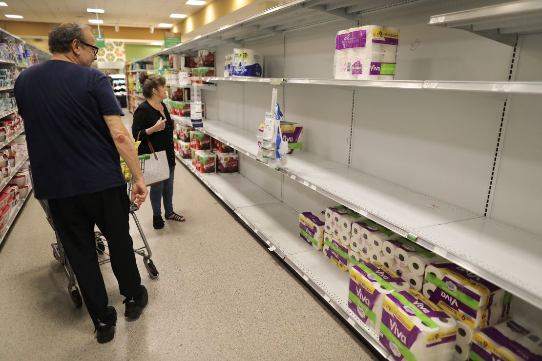 The toilet paper shelves were nearly empty in this Miami store last week as people stocked up during the coronavirus crisis. (Joe Raedle/Getty Images)