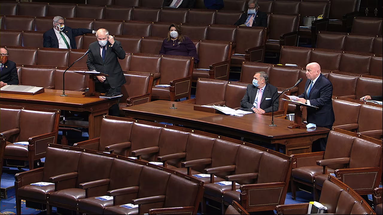 In this image from video, Rep. Kevin Brady, R-Texas., recognizes Rep. Steve Chabot, R-Ohio, left, to speak on the floor of the House of Representatives at the U.S. Capitol in Washington on April 23.